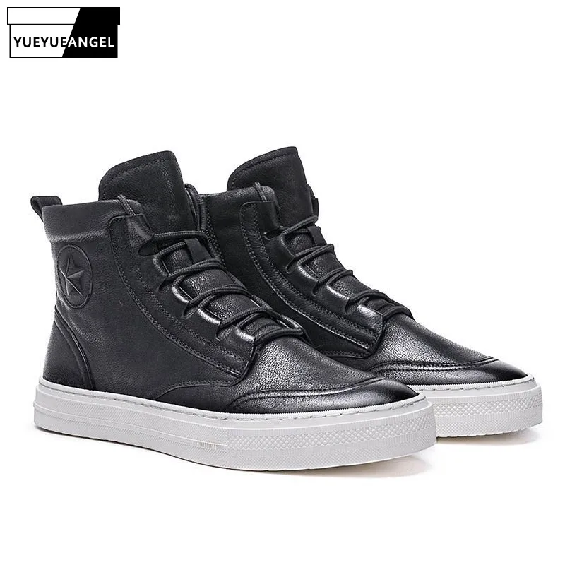 

2019 New Punk Round Toe Mens Cow Genuine Leather Lace Up Male Boots High Quality Brand Fur Lining Mid Heels Black Motorcycle