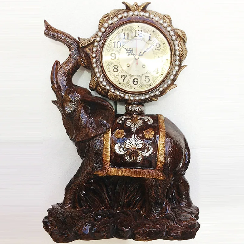 TUDA Free Shipping 10inch Vintage Design Elephant Carved Resin Table Clock Brown Large Table Clock High Grade Villa Decor Clock