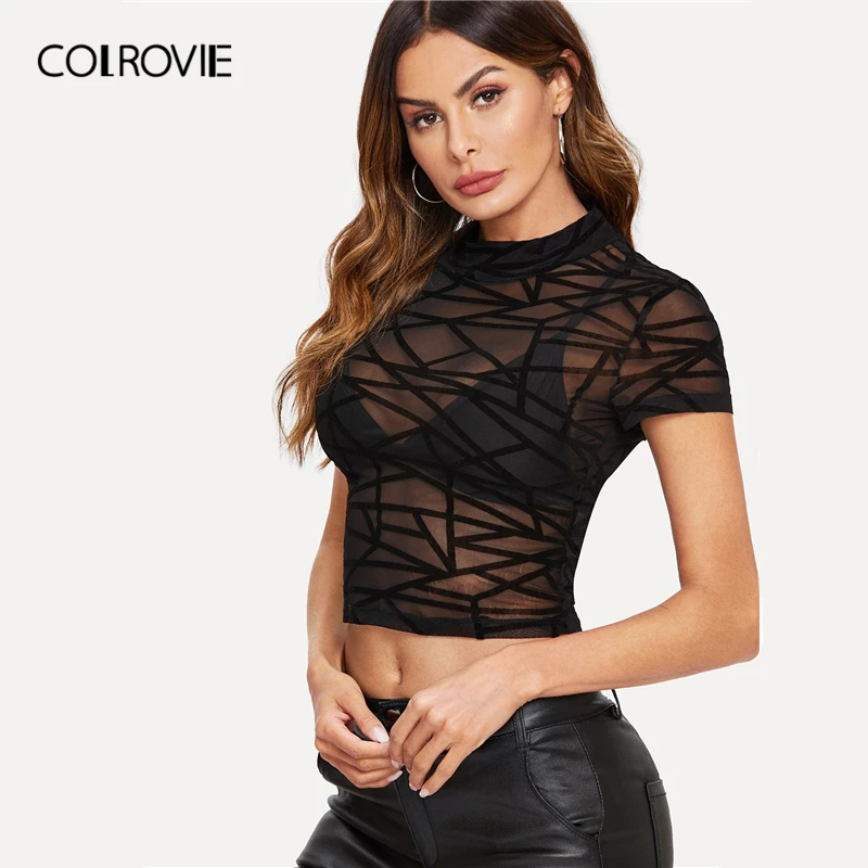 Женская укороченная блузка COLROVIE черная прозрачная с геометрическим принтом и