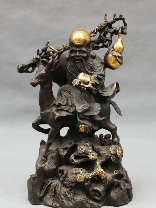 

11" Chinese Pure Bronze Gilt Longevity God Hold Peach Ride Deer Pine Tree Statue
