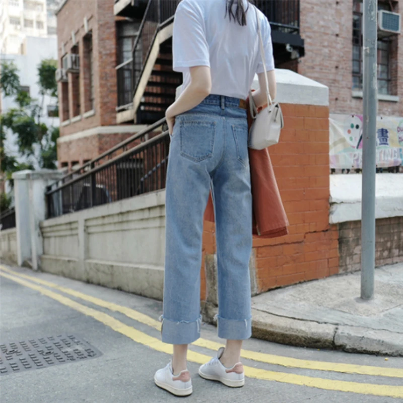 Джинсы женские весенние студенческие свободные гофрированные шикарные женские s оверсайз корейские элегантные повседневные Карманы прямые женские джинсы