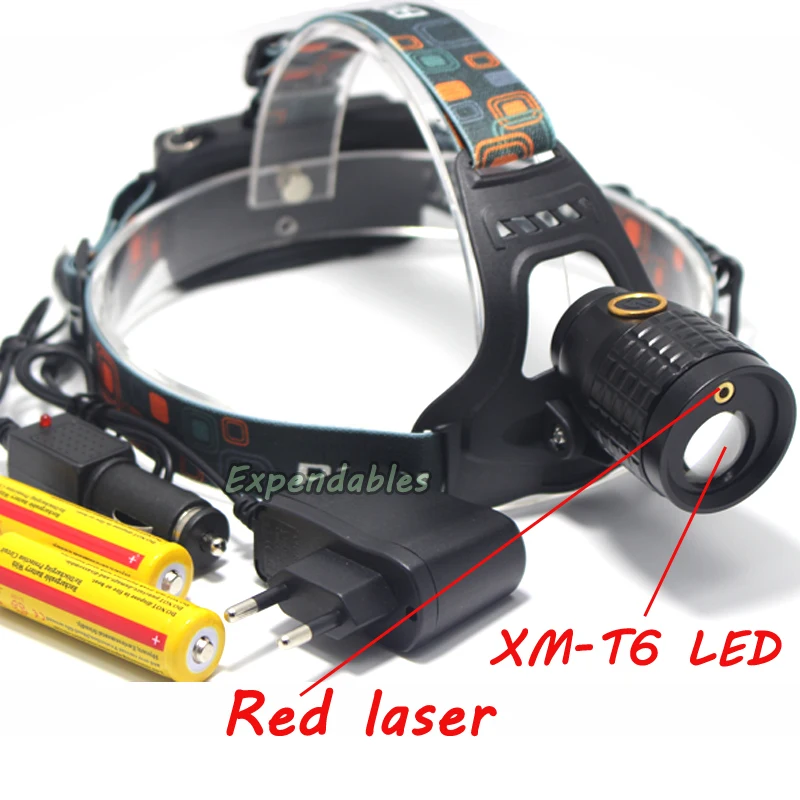 

5000lumens XM-T6 3 mode Zoomable LED Headlight Red laser Spotlight coal mine camping headlamp+2*18650 Battery + AC/Car Charger