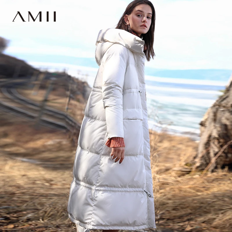 

Amii Minimalist Hooded Long Down Jacket Winter Women 2018 Casual Thick Pocket Solid Waterproof White Down Jacket Parka