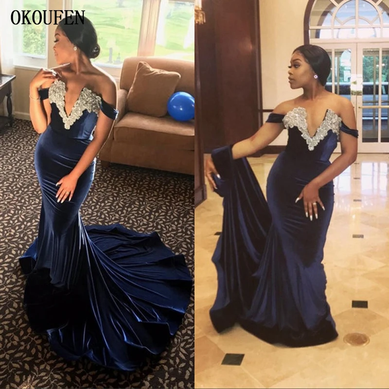 2018 Navy Blue Velvet Off Shoulder Beaded Mermaid Evening Dresses Sexy V Neck Backless Crystal Prom Gowns-