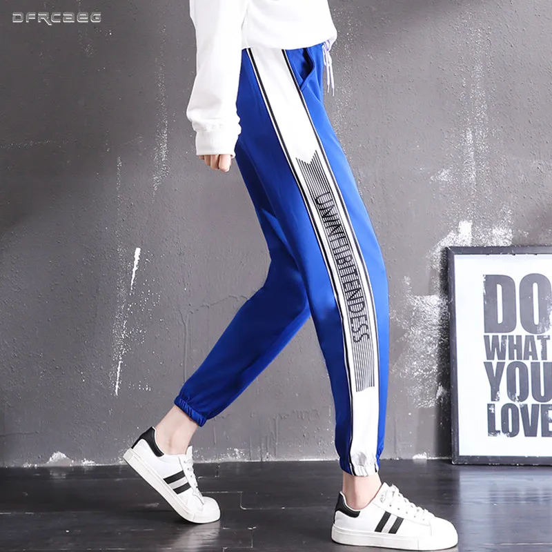 

Ladies Letter Print Harajuku Harem Pants 2019 Spring Streetwear Side Striped Women Trousers Patchwrok joggers Sweatpants Female