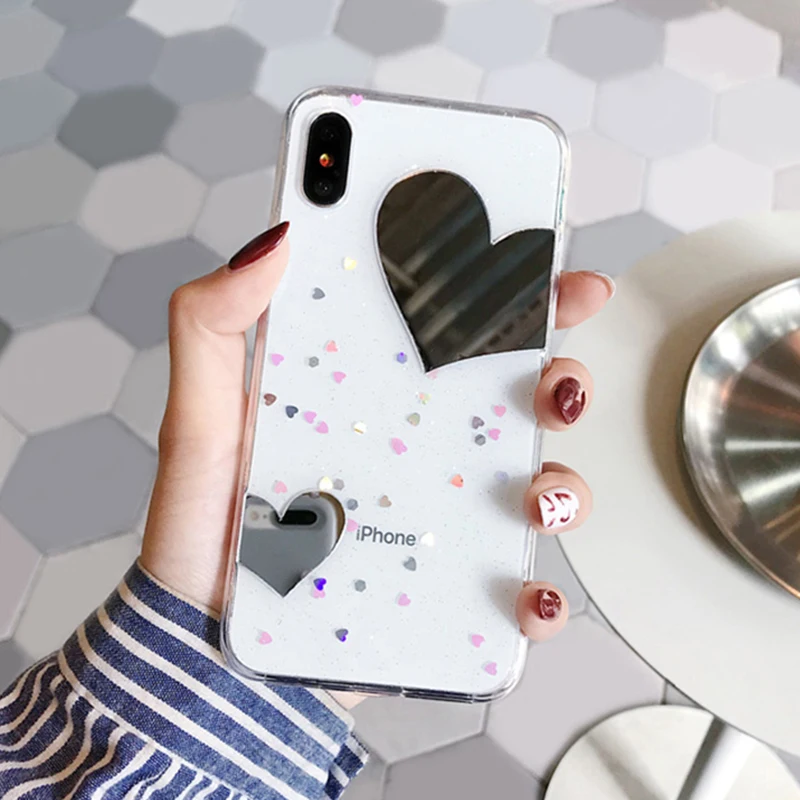 

Mirror transparent love heart Phone case For Iphone XS Max XR Glitter Bling Small love pattern Cases for Iphone X 6 6S 7 8 Plus