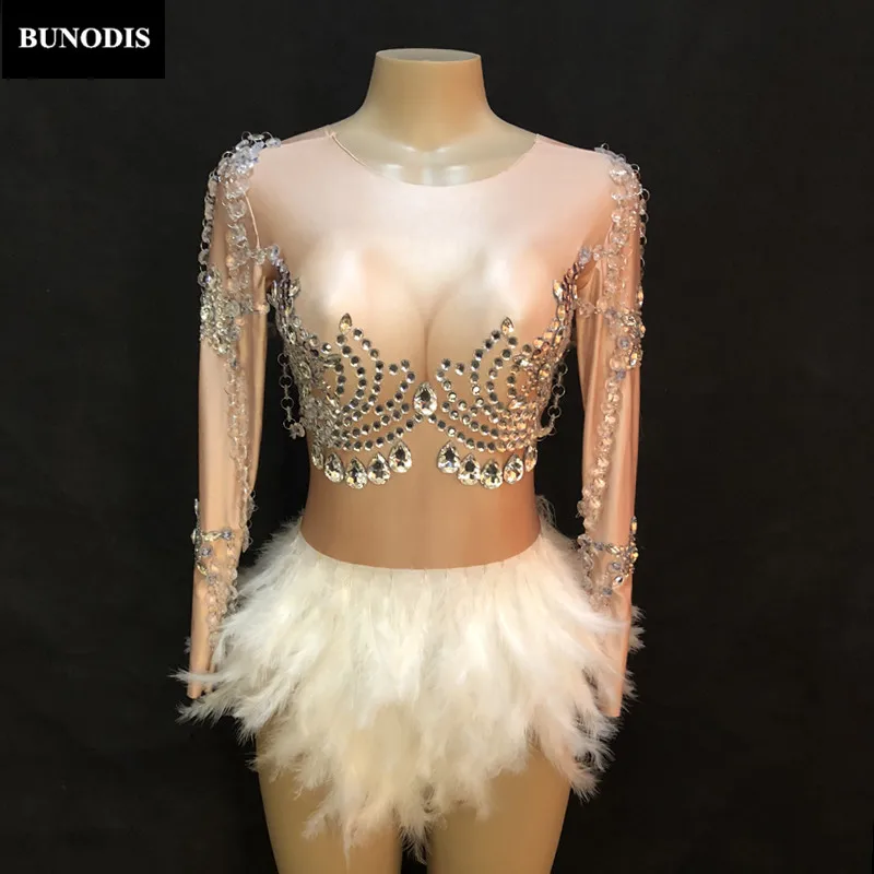 

ZD380 Women Sexy Skin Color Bodysuit Short White Feather Skirt Glass Silver Big Sparkling Crystals Jumpsuit Nightclub Party