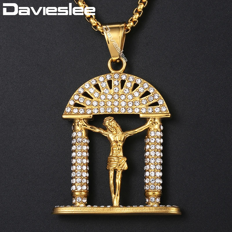 

Davieslee Mens Pendant Necklace Crucifix Jesus Christ Iced Out CZ Gold Tone Stainless Steel Pendant Necklaces For Men 3mm DKN590