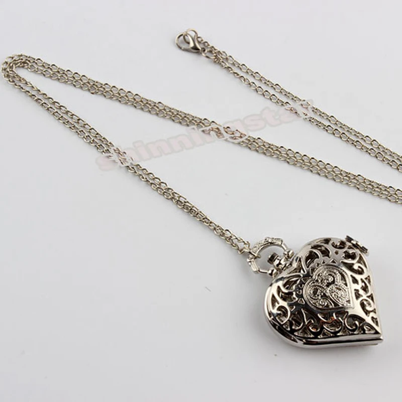 Серебряное пустое сердце в форме кварца карманные часы роскошные новые модные карманные часы с длинным necklace ем цепь Мужские Женские часы