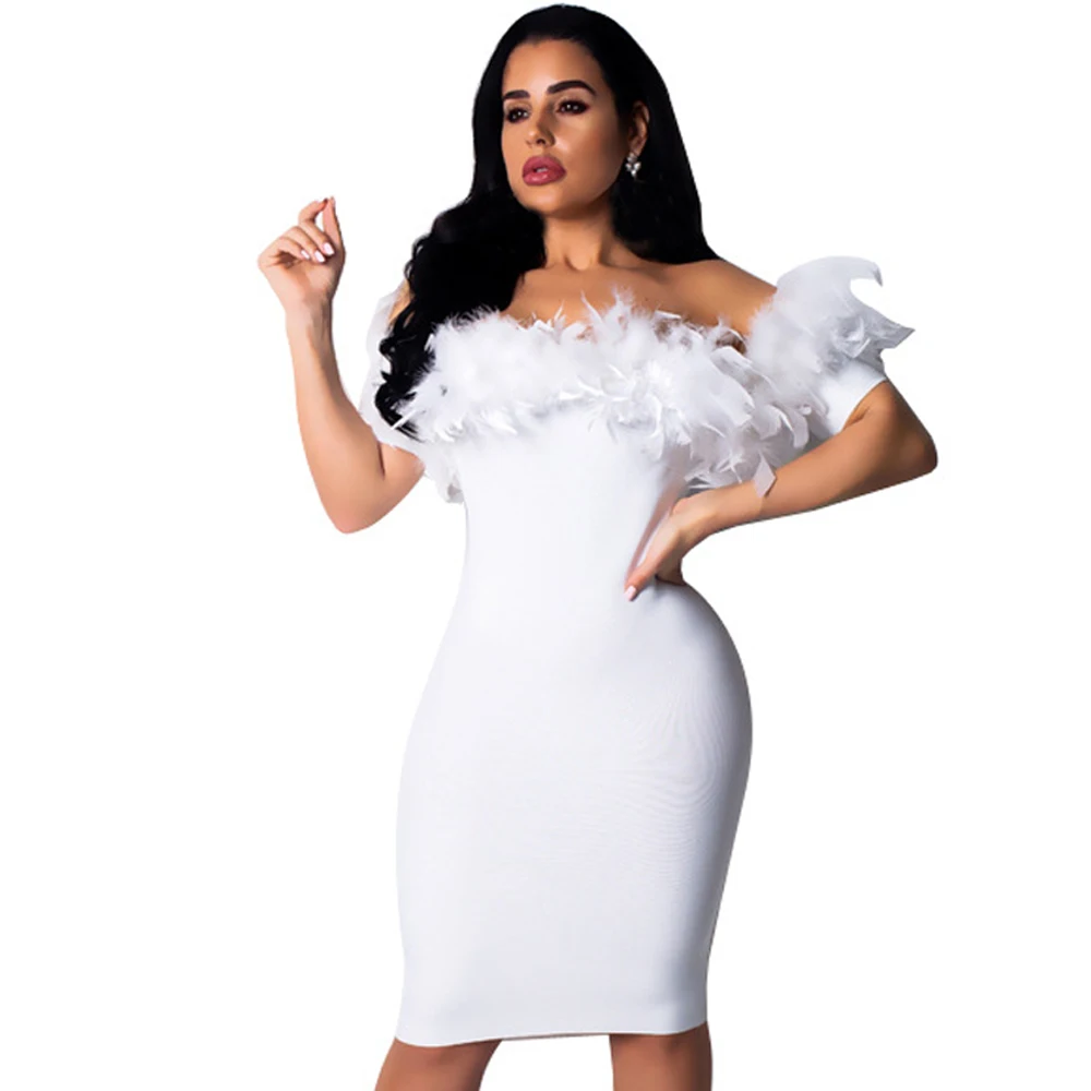 

Women Feather Dress Sexy Off Shoulder Short Sleeve Mini Bodycon Club Party Dress Plus Size White Black Ladies Elegant Vestidos