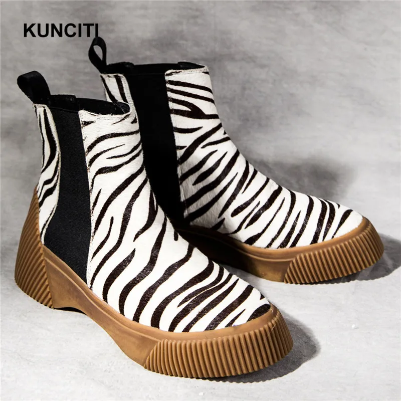 

2019 KUNCITI Ladies Horsehair Elastic Band Short Boots White Ankle Boots For Woman Slip On Round Toe Platform Autumn Shoes D386