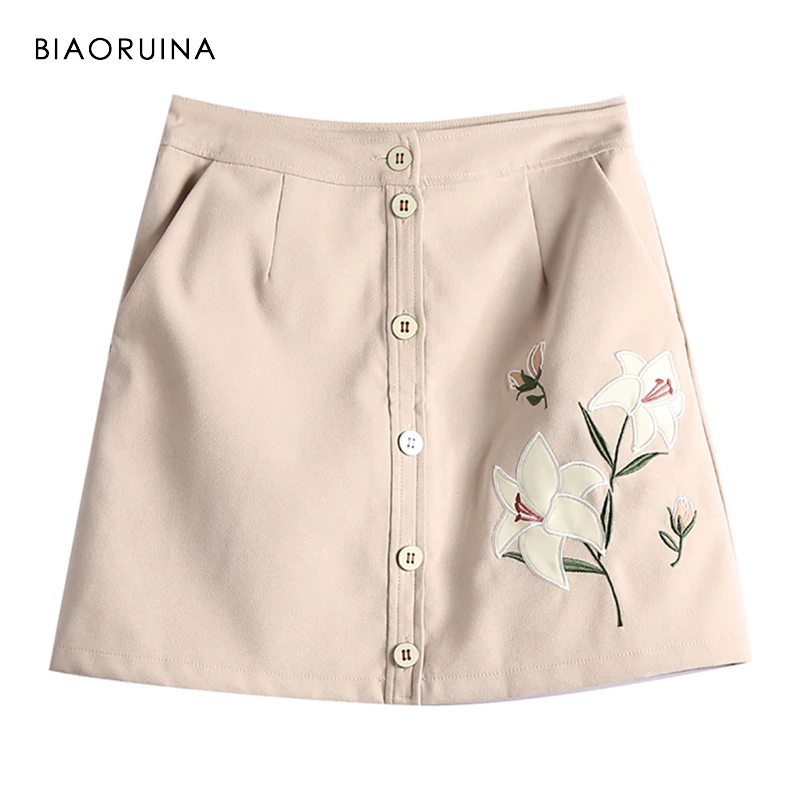 

BIAORUINA Women Sweet Pink Embroidery Floral A-line Mini Skirt Female High Waist Single Breasted Skirt with Lining Elegant Skirt