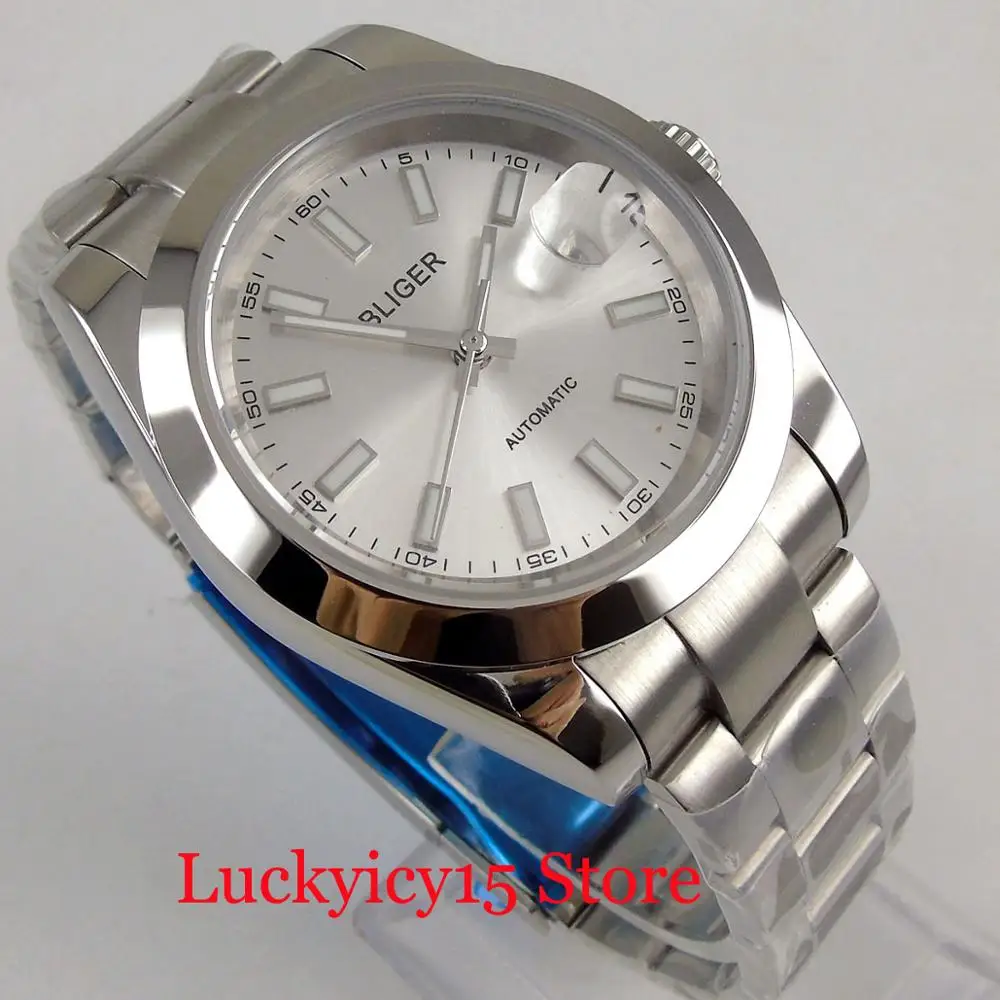  BLIGER Luxury 40mm Silver Dial Polished Watch Case Sapphire Glass Mechanical Wristwatch Auto Date