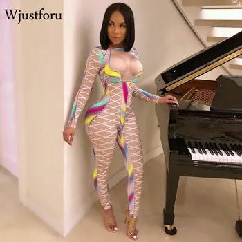 

Wjustforu Personality Printed Bodycon Jumpsuit Women Hollow Out Sexy Tight Casual Jumpsuit Long Sleeve Elegant Jumpsuit Female
