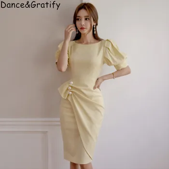 

Elegant Solid Beading Office Work Dresses Women Fashion 2019 Summer Yellow Puff Sleeve Slim Bodycon Bandage Sundress