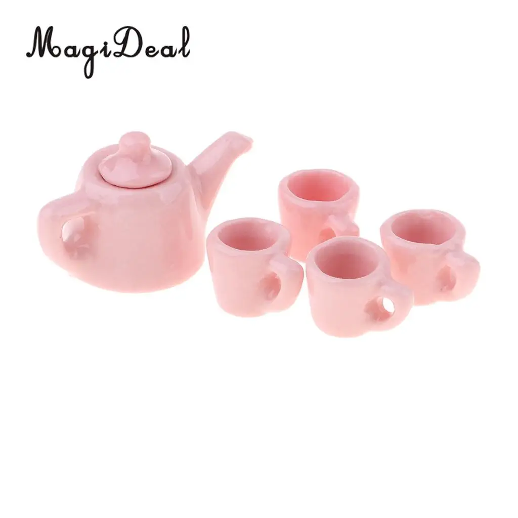 5 Pieces 1/12 Dollhouse Miniatures Dining Ware Porcelain Tea Cup Set Kitchen Accessory Pink