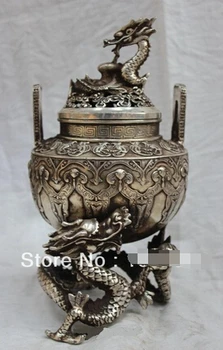 

Fast shipping China's Tibet bronze statue Buddha Silver ,two Dragon censer Incense burner