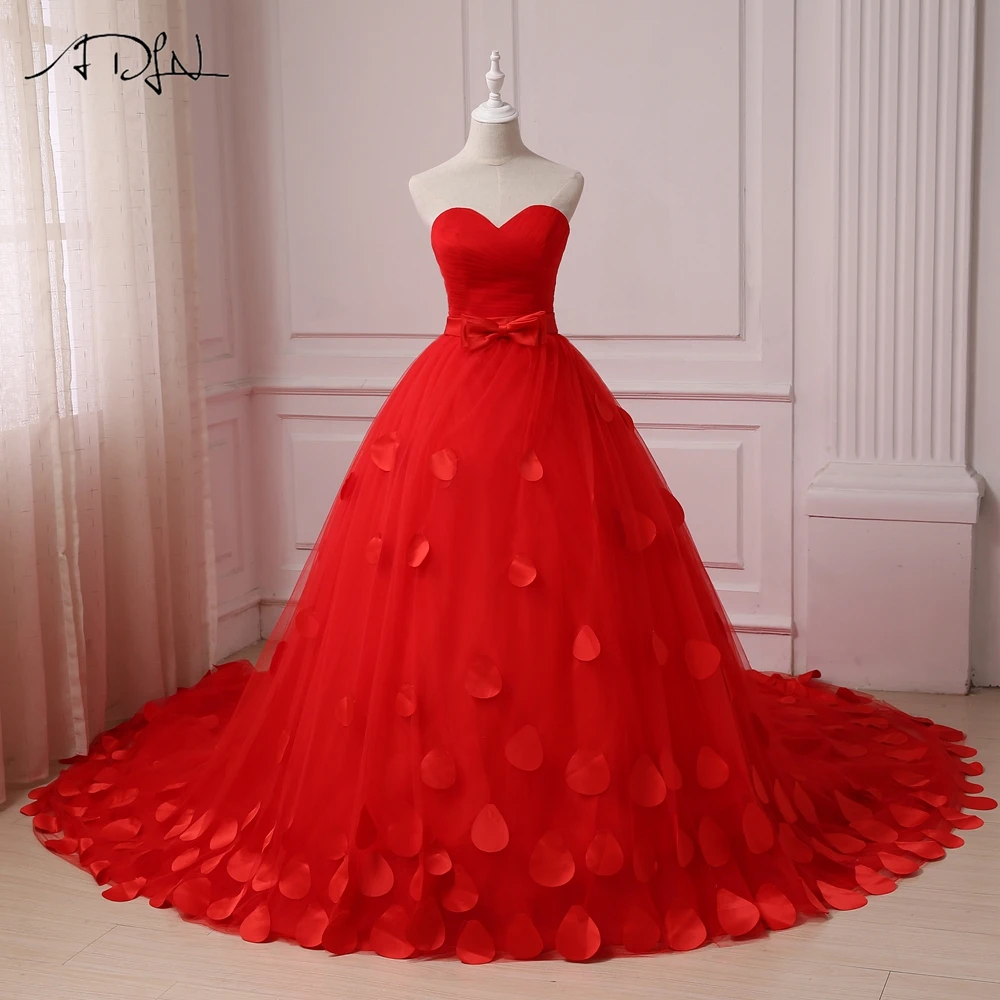 

ADLN In Stock Red Wedding Dresses with Flower Petals Ruched Sweetheart Sleeveless Bridal Gowns with Lace-up Back