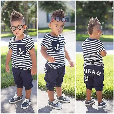 New Summer Fashion Boys 2Pcs Set Striped Anchor T Shirt Tops Marine Pants Kids Baby Outfits