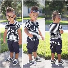New Summer Fashion Boys 2Pcs Set Striped Anchor T-Shirt Tops+Marine Pants Kids Baby Outfits Sets 2016