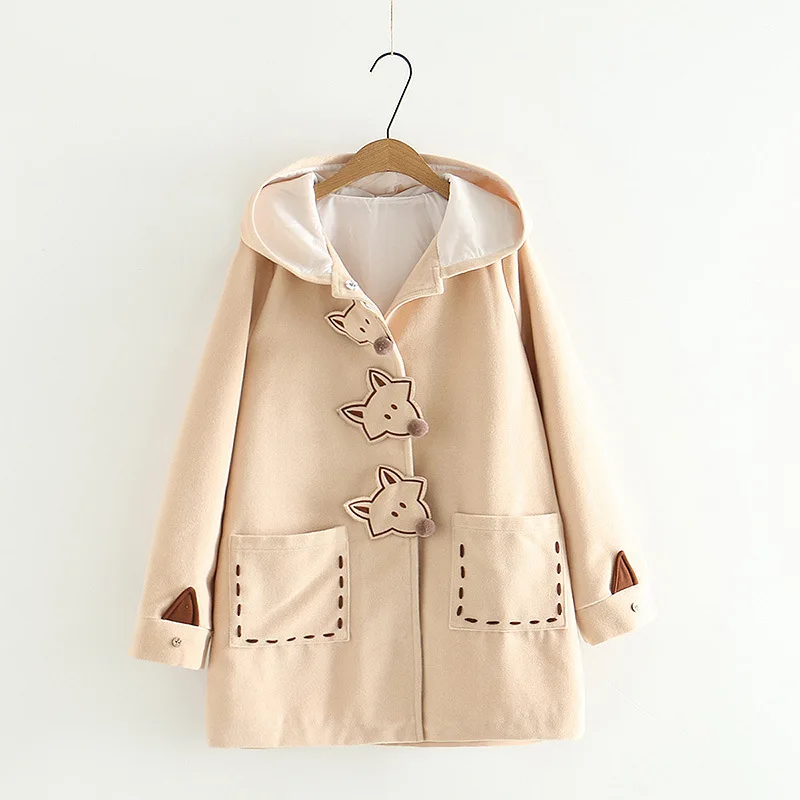 

2018 Winter Women Harajuku Jacket Japanese Style Mori Girl Cute Cartoon Fox Embroidered Hooded Woolen Coat Female Warm Outerwear