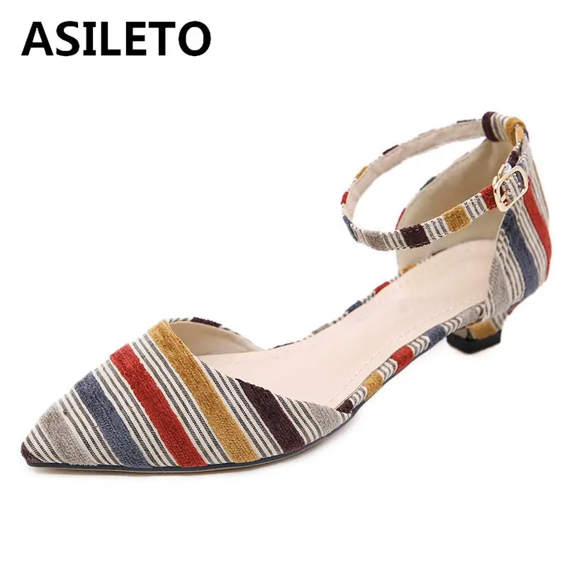 

ASILETO women summer shoes flat sandals ankle strap ladies two pieces zapatos closed toe striped stilettos sandalia femininos