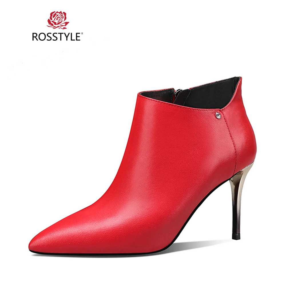 

ROSSTYLE 2018 Fashion Woman Winter Ankle Boot Good Genuine Leather Vintage Pointed Toe Boot Sexy Thin Heel Solid Lady Boot B53