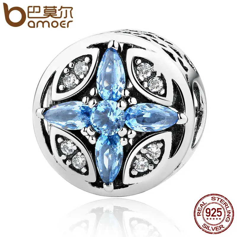 BAMOER Classic 925 Sterling Silver Shopping Blue Round Beads Charms Fit Bracelets Bangles Jewelry Accessories PAS398
