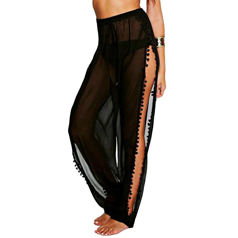 

2019 Beach Wear Bikini Cover Up Swimwear Transparent Long Pants Black Pom Pom Split High Waist Pom Pom Split Beach Trouser