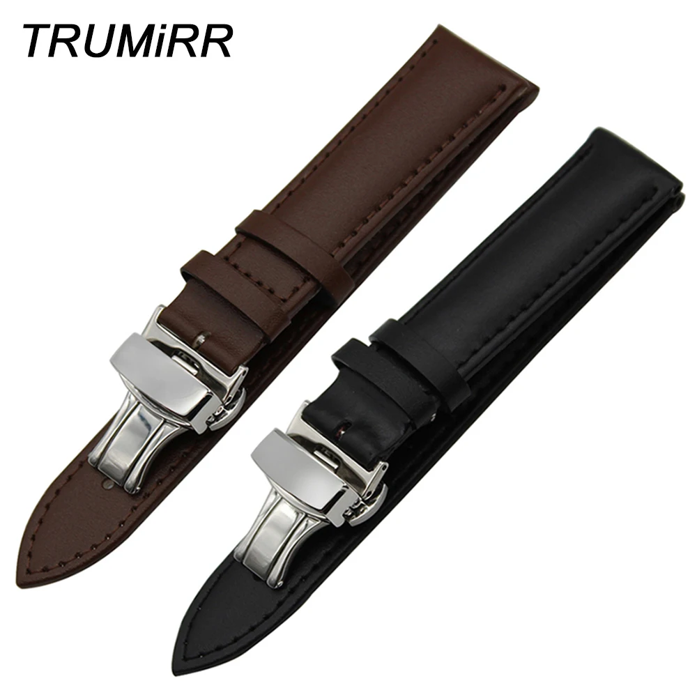 Genuine Leather Watch Band Butterfly Clasp Strap Universal Straight End