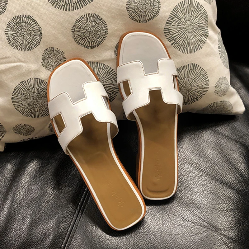 

Shoes Woman Genuine Leather Women Sandals Flats Summer Flat Non-slip H Slippers Outsides Hot Selling Calzado Mujer