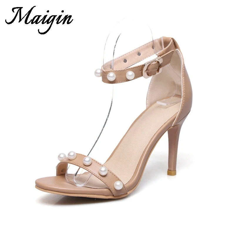 Maigin Strappy Heels Women Sandals Open Toe Pearl Summer Shoes Buckle Strap Footwear Fashion High Heels Women Office Shoes