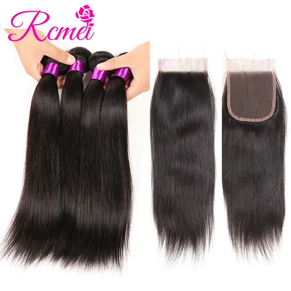 Brazilian Straight Hair Bundles With Closure Weaving 4 Bundle Lace Non Remy Human Weave Rcmei | Шиньоны и парики