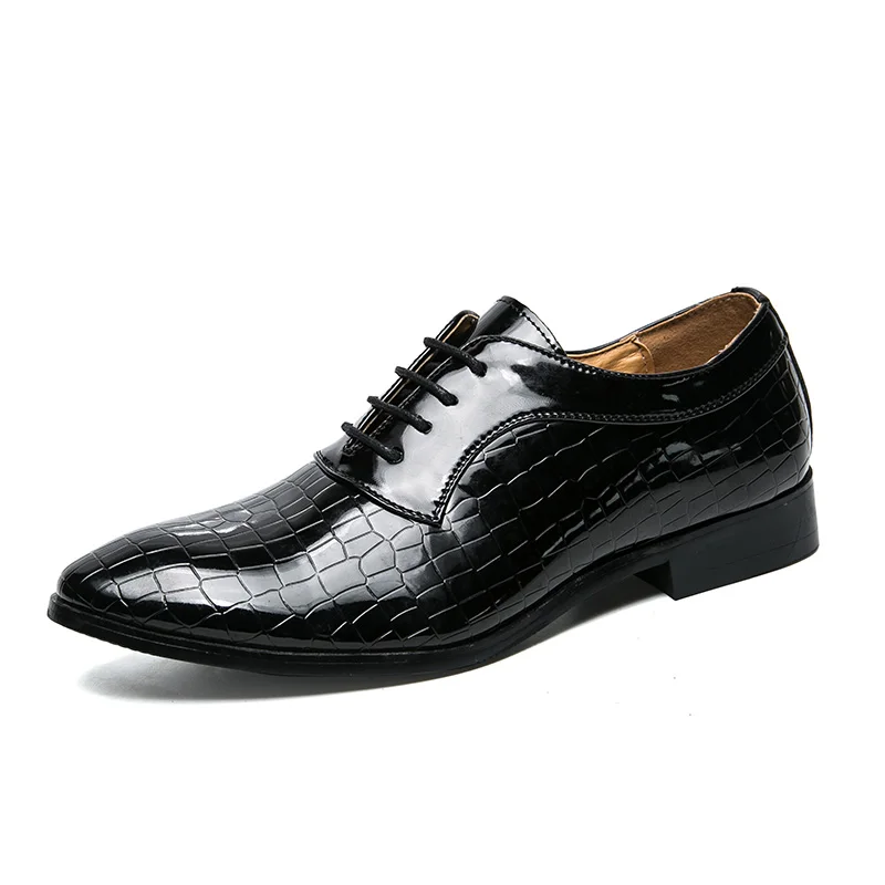 Мужская обувь из лакированной кожи; модельная обувь; модная обувь из змеиной кожи; дизайнерские итальянские блестящие Мужские броги с острым носком; Туфли-оксфорды для мужчин - Цвет: Черный