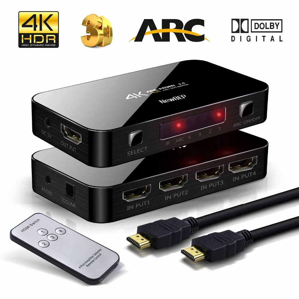 NewBEP 4X1 HDMI Switch 4Kx2K HDMI Switcher Audio Cable Splitter With IR