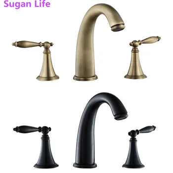 

Sugan Life European style new bath kitchen faucet brass plated black three-hole basin set of three copper split cold hot faucet