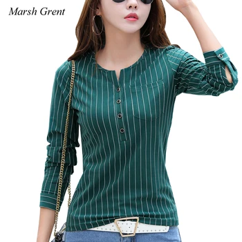 

T-shirt Women Elegant Striped Lady Top Tees Bustton V neck long Sleeve All-match Basic Tshirt Female Top Tee