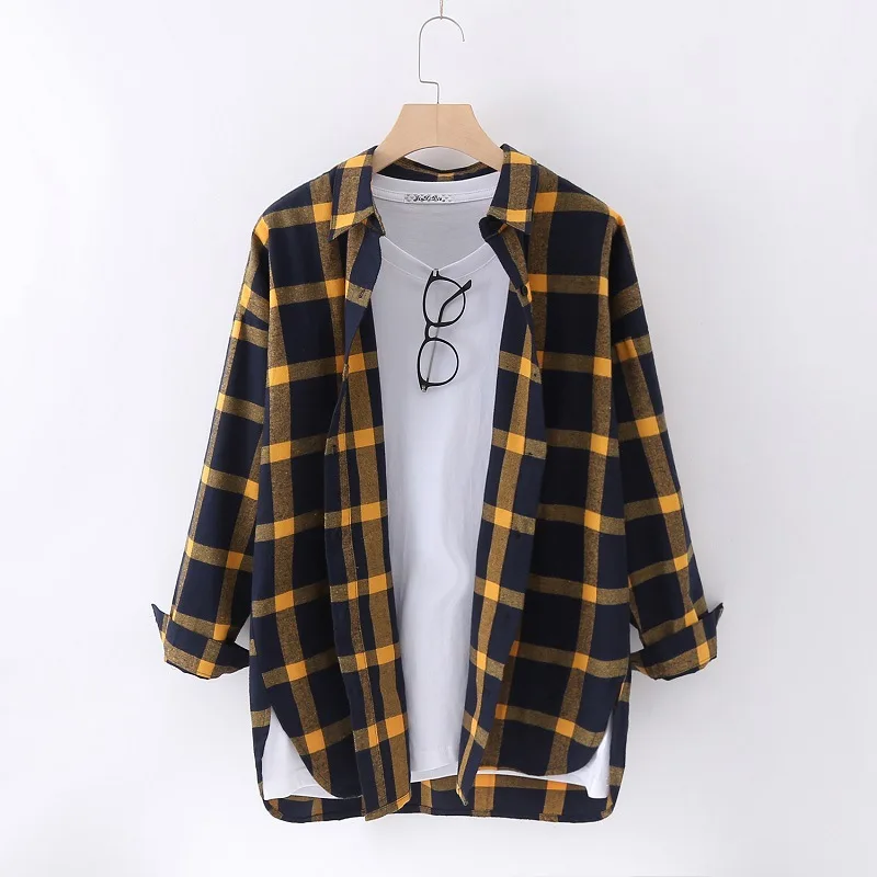  Women Plaid Shirts Japanese style loose Spring Long Sleeve Blouses Flannel Plaid Shirt Casual Femal