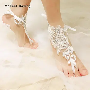 

Real Delicate Ivory Lace Bridal Barefoot Sandals 2019 Fashion Anklet Shoes Leg Chain Beach Ankle Bracelets Wedding Accessories