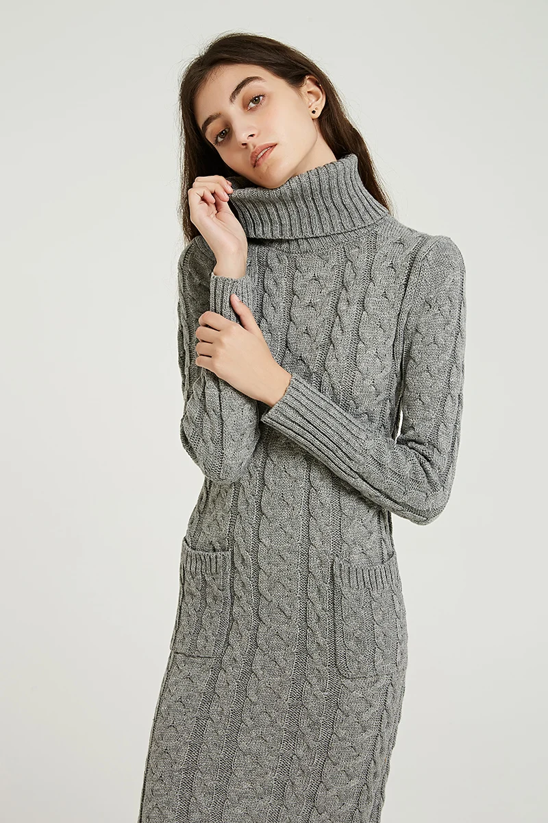 Wixra Knitted Dress Autumn Winter Solid Turtleneck Mid-Calf Pockets Sweater Dresses Women's Clothing