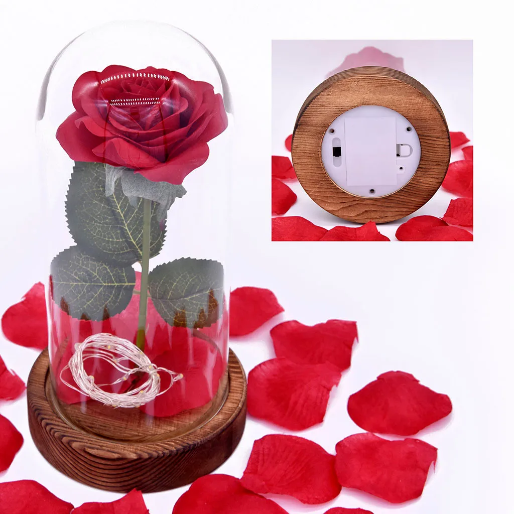 Flower Beauty And The Beast Romantic Simulation Rose Glass Cover Led Micro Landscape Decoration Maison Fleur Artificielle Rose - Цвет: C