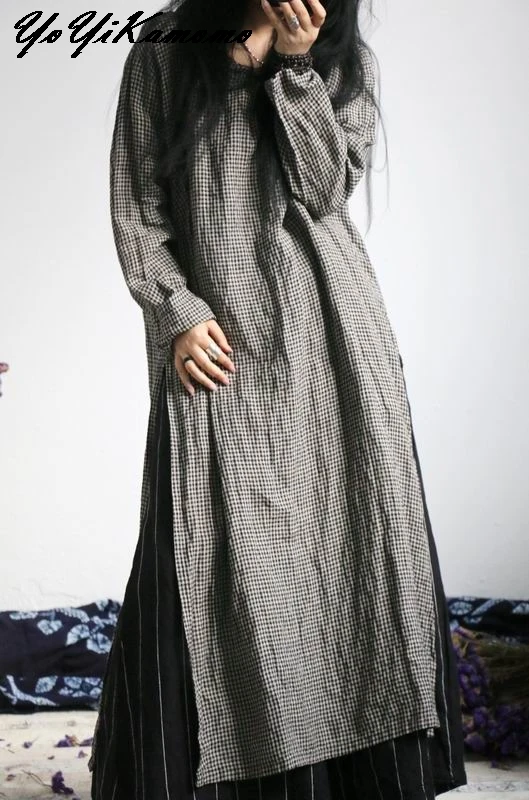 YoYiKamomo хлопковое льняное платье женское клетчатое винтажное женское Оригинальное китайское свободное повседневное женское платье с пряжками