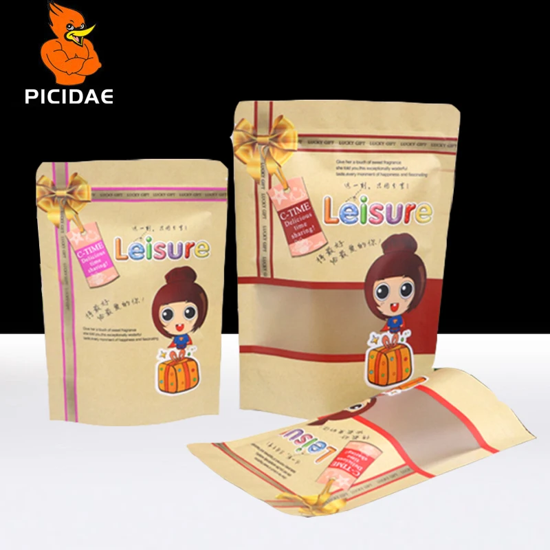 

Cartoon Pattern Kraft Paper Storage Food bag Snack Dried Fruit Goods Meat Standing Frosted Coffee Reseal Zipper Printing Window