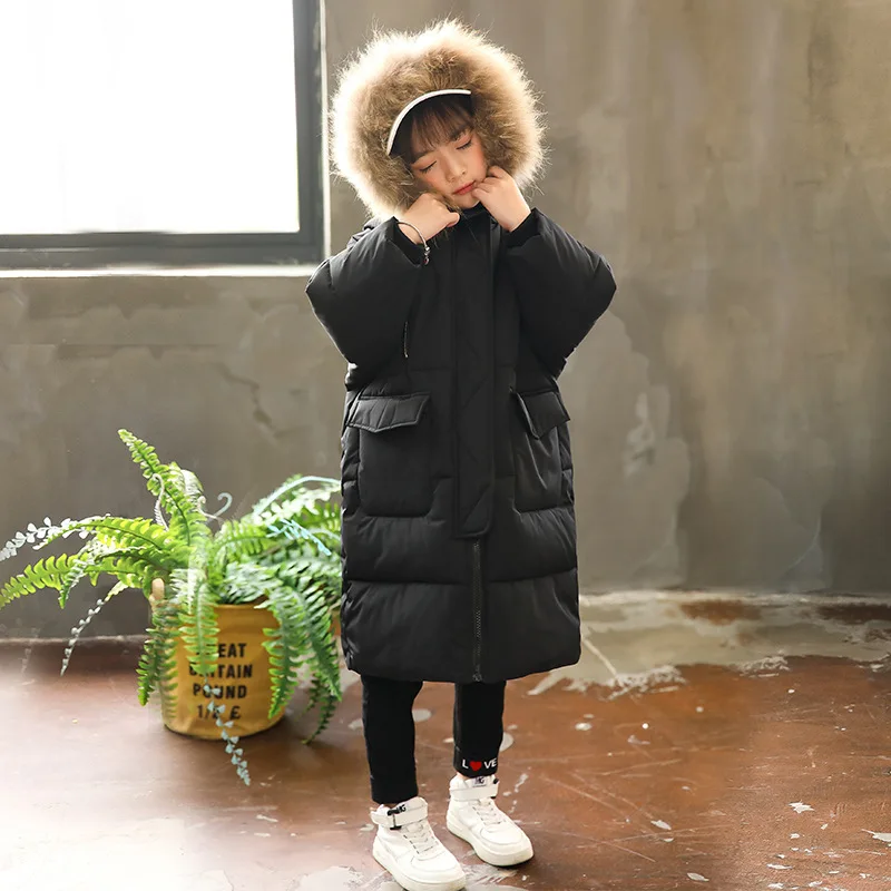 

New 2018 Fashion Children Winter Jacket Girl Winter Coat Kids Warm Thick Fur Collar Hooded long down Coats For Teenage 4Y-13Y