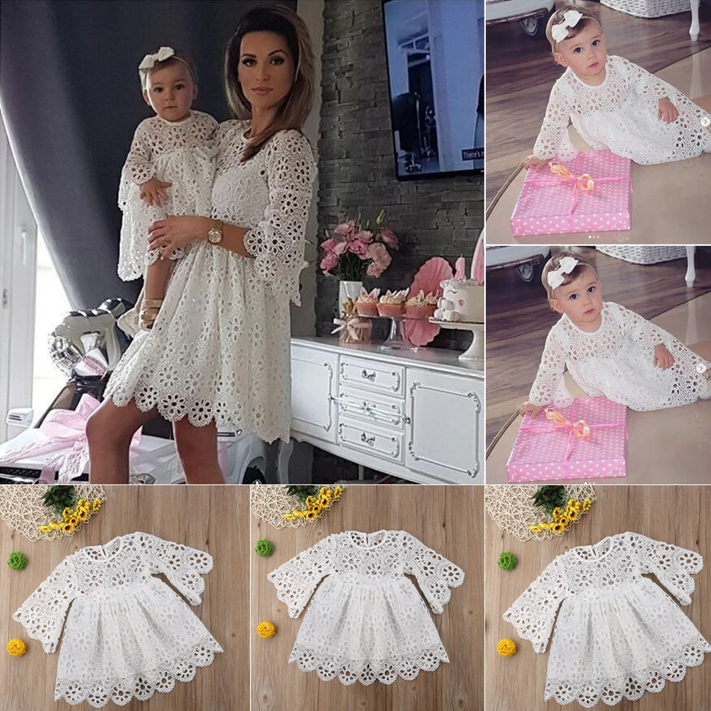 Повседневные кружевные платья для всей семьи милое белое платье с круглым вырезом и короткими рукавами для мамы и дочки