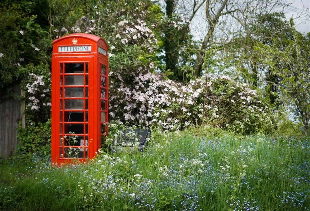 

Laeacco Telephone Booth Spring Green Grass Flower Scenic Photographic Backgrounds Photography Backdrops Photocall Photo Studio