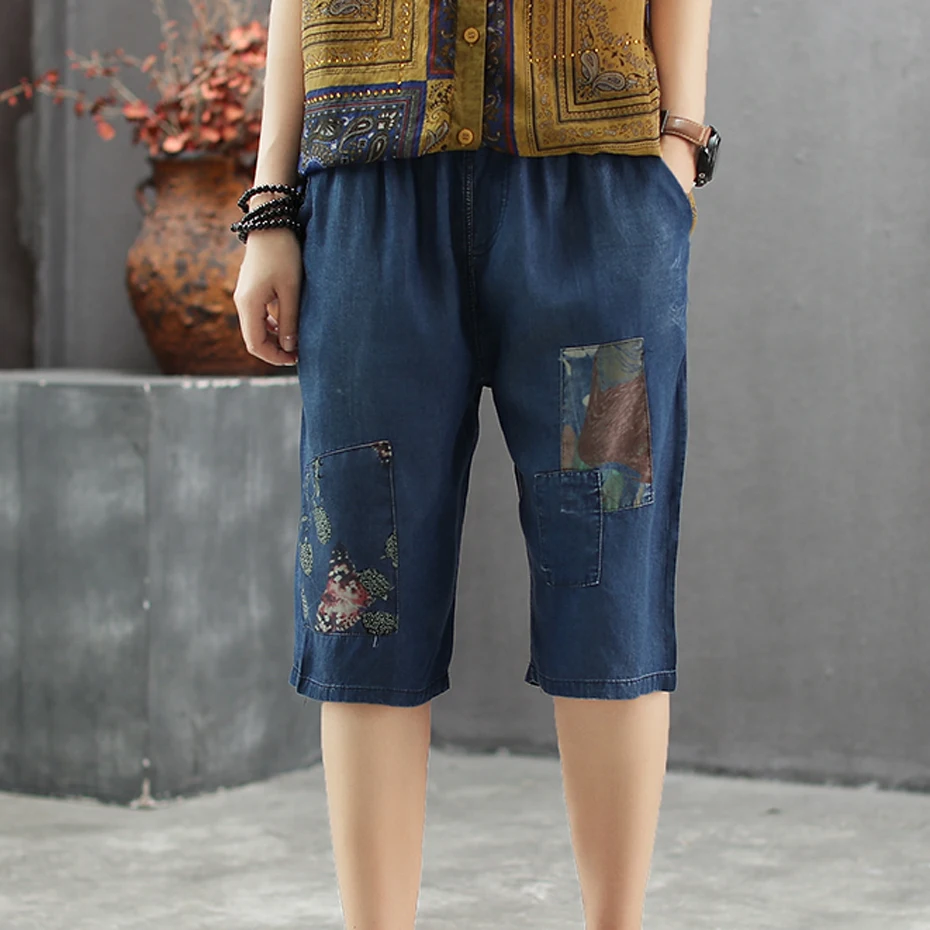 

Women Cotton Shorts Retro Vintage Fashion for Summer Knee Length Big Straight Loose Elastic Waist Patchwork AZ39692030