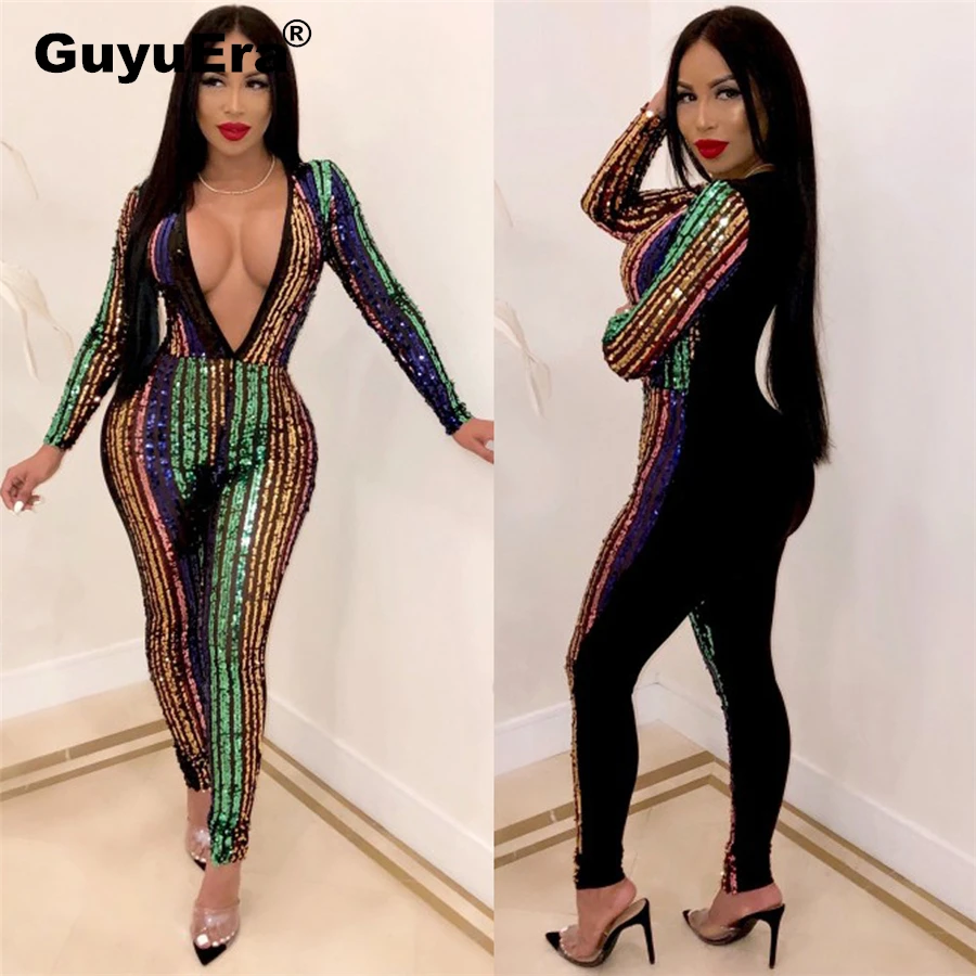 

GuyuEra Africa Europe and America Fashion Women Best selling Sexy Multicolor Sequins Stitching Jumpsuit