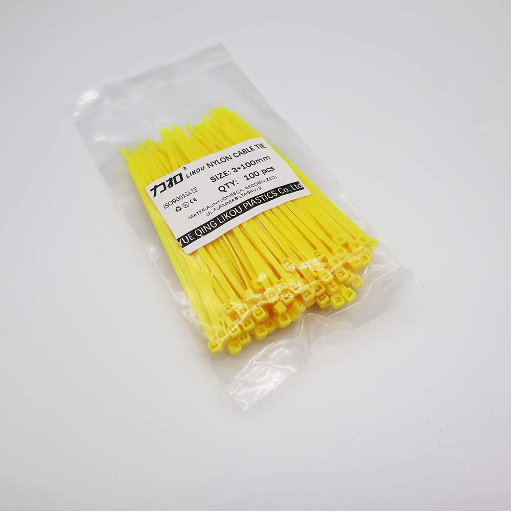 Нейлоновые кабельные стяжки LIKOU 3x100 мм самоблокирующиеся застежки-молнии 100 шт 12 цветов пластиковый соединитель кабеля 100 мм 3,9 дюйма - Цвет: Цвет: желтый