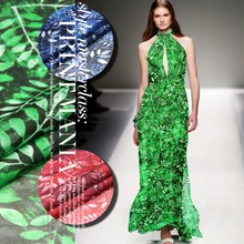 135 см шириной 8 мм Листья печати Тонкий красный синий зеленый Шелковый шифон ткань для лето и короткое платье Блузка рубашка d698